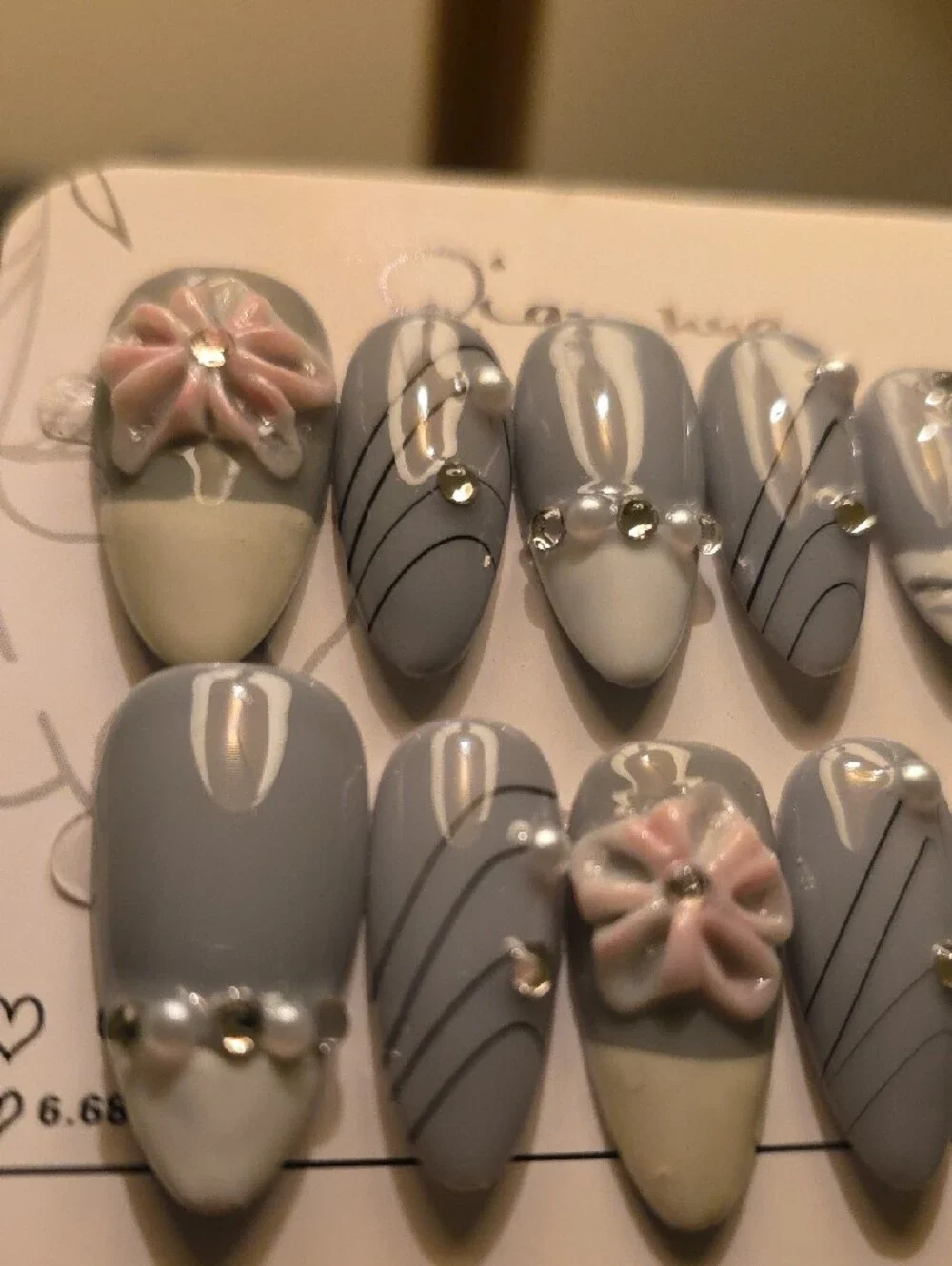 Gray & White Floral Pearl Accent Press-On Nails
